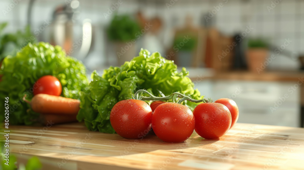 Fresh tomatoes and lettuce on cutting board.
