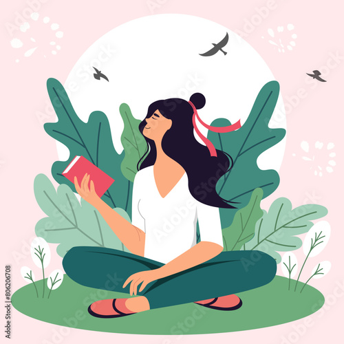Vector illustration of a girl sitting with a book on a background of plants. Image for the celebration of World Book Day.