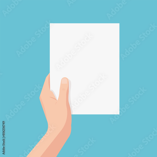 Vector flat illustration of a hand holding a blank white sheet of paper. View from above.
 photo