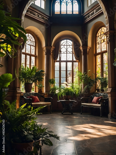 Opulent mansion interior reminiscent of a monastery  featuring lush plants for a tranquil atmosphere