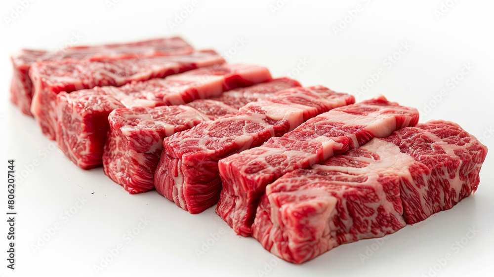 Fototapeta premium Raw marbled beef steaks on white background