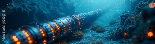 Futuristic underwater structure glows, the subsea telecommunications cable glows in the dark ocean depths. photo