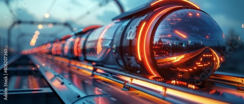 Futuristic train on illuminated tracks against a cityscape evening backdrop photo