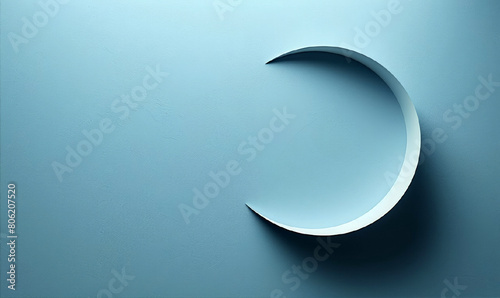 White Half Moon on a light blue background, Ramadan Kareem Greeting Card. Eid mubarak, Eid al Adha banner. Holiday Horizontal cartoon banner with copy space.