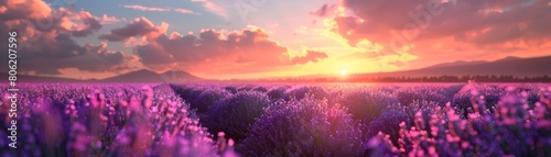 Serene sunset over a lavender field with a magical glow photo