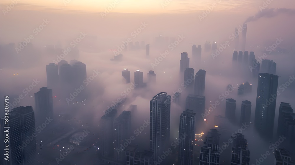 Bustling futuristic city under hazy sky with buildings obscured by thick PM 25 dust clouds and neon lights flickering through the pollution