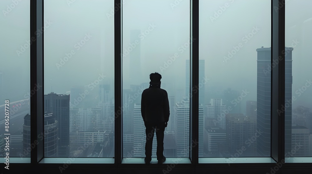 Lone Figure Gazes Out at Hazy Cityscape from High Rise Window Lone Figure Gazes Out at Hazy Cityscape from High Rise Window