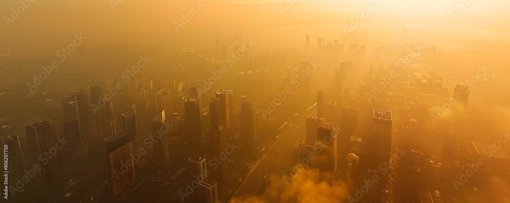 Aerial view of a futuristic city obscured by a thick layer of PM 25 pollution highlighting the extent of environmental degradation in an urban