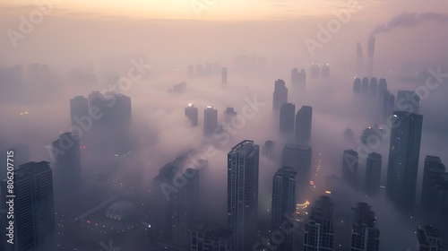 Bustling futuristic city under hazy sky with buildings obscured by thick PM 25 dust clouds and neon lights flickering through the pollution