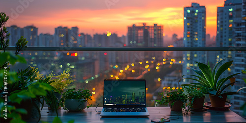 Beautiful yellow sky laptop city placed on top front view Office desk with laptop on wood table on decorated blurred background photo