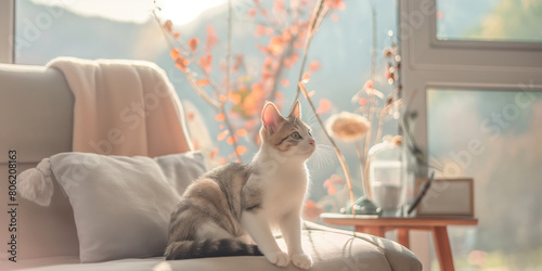 Cute kitten sitting on a cozy home interior near the window, with soft sunlight and autumn decor. Perfect for themes of pet comfort and indoor lifestyle.