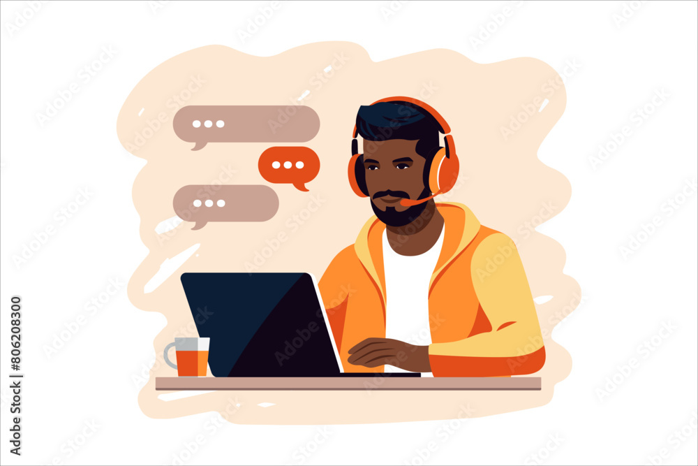 Black skinned man sitting with laptop. Concept remote working, studying, education, work from home. Flat. Vector illustration