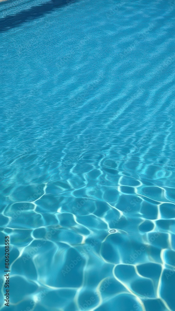 Close view of clear beautiful blue flowing water in swimming pool. Slow motion vertical video. Water surface. Travel and vacation concept. Summer