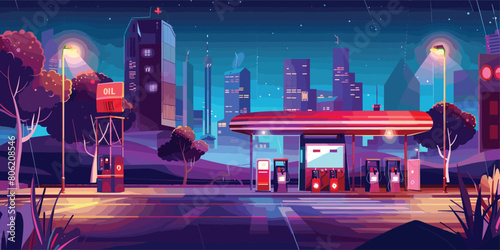 City Nightscape, Gas Station on Urban Street in Vector Cartoon Illustration