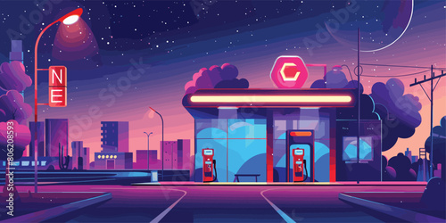 City Nightscape, Gas Station on Urban Street in Vector Cartoon Illustration
