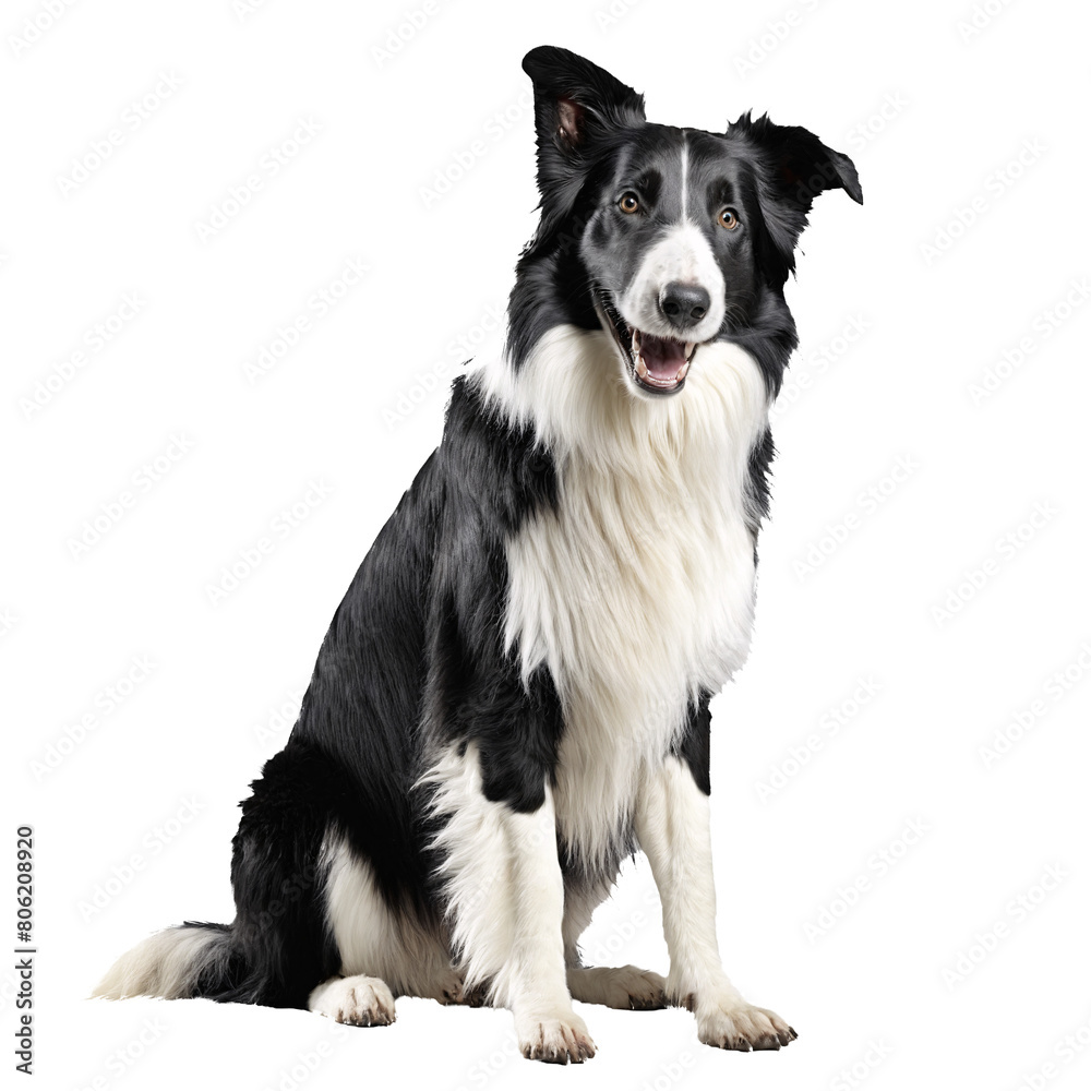 black and white collie dog sitting isolated transparent