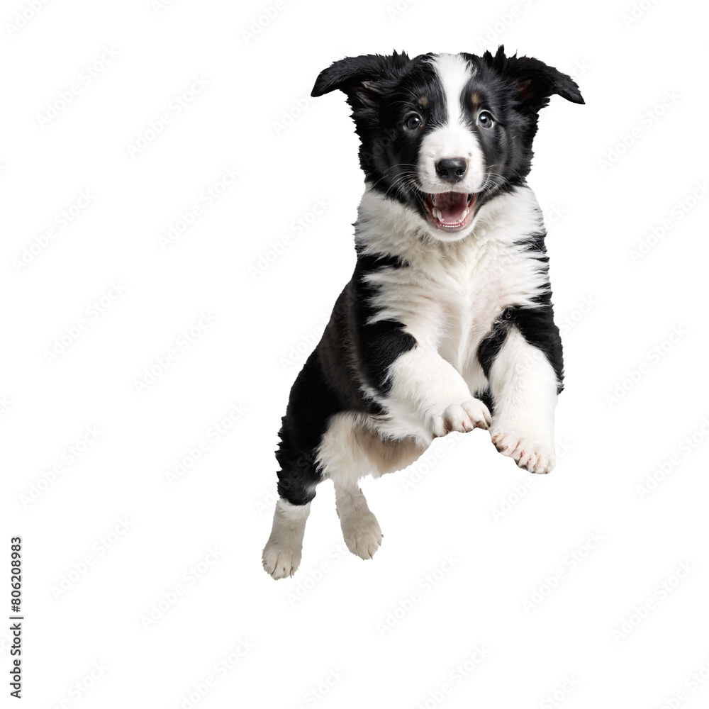 black and white collie dog puppy jumping and running isolated transparent