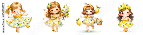 Watercolor set of girl and lemon on white background.