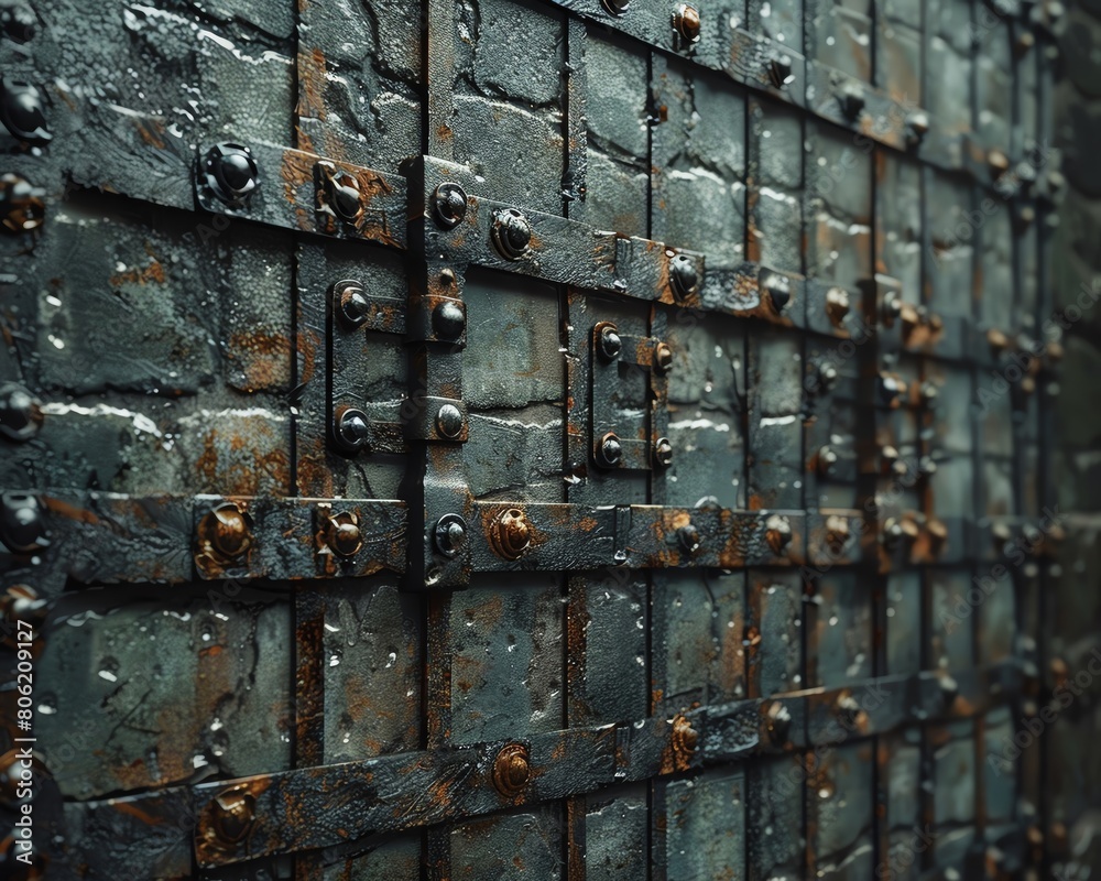 A closeup of a city wall gate with elaborate metalwork and hidden defensive mechanisms A closeup of a city wall gate with elaborate metalwork and hidden defensive mechanisms