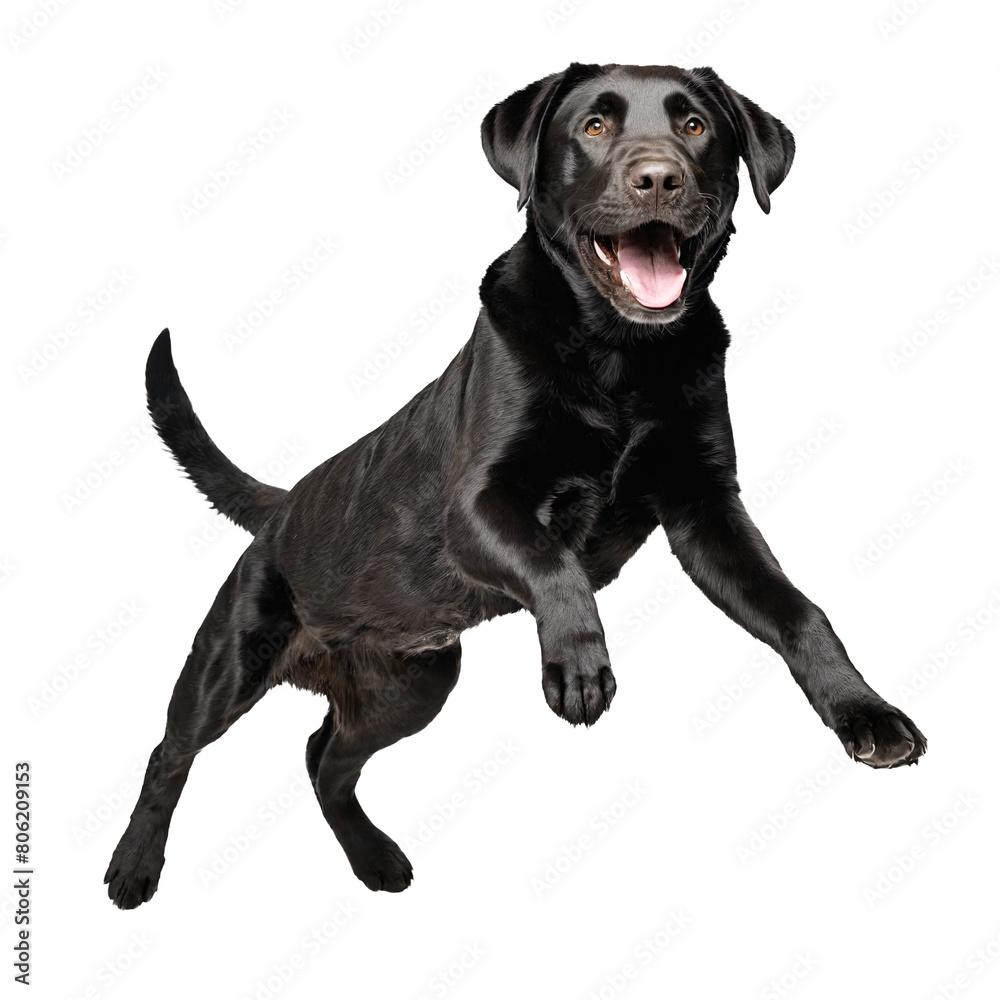 Obraz premium black labrador retreiver dog jumping and running isolated transparent