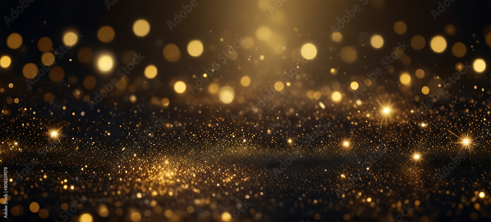 Defocused Golden Particles Glittery against Dark Background with Copy Space. Christmas Overlay