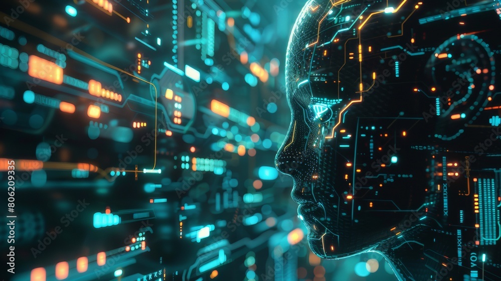 Artificial intelligence in head shape, Technology web background, Virtual concept, neural networks and database, information flow, internet of things, internet technology, digital innovation. Artificial intelligence in head shape, Technology web background, Virtual concept, neural networks and database, information flow, internet of things, internet technology, digital innovation.