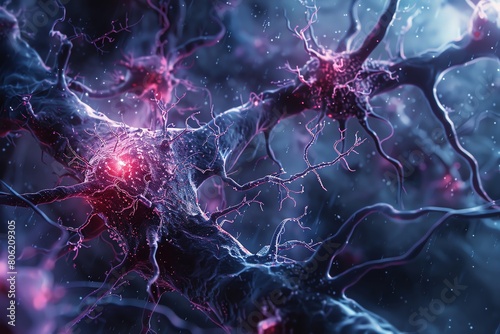 A 3D rendering of a neuron. The neuron is glowing and surrounded by other neurons.