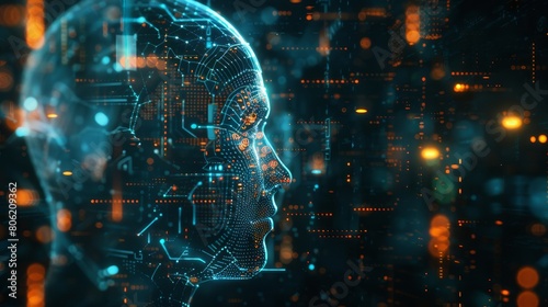 Artificial intelligence in head shape, Technology web background, Virtual concept, neural networks and database, information flow, internet of things, internet technology, digital innovation.