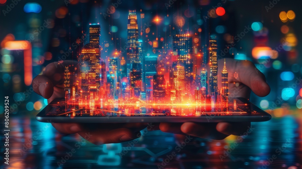 Obraz premium Hand holds tablet with digital projection of Smart city with smart services and icons, internet of things, networks and augmented reality concept. Night city.