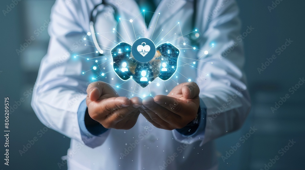 The doctor holds in his hands a digital projection of icons for connecting to a virtual medical network. Raising people's awareness and attention to their healthcare. Digital solutions. The doctor holds in his hands a digital projection of icons for connecting to a virtual medical network. Raising people's awareness and attention to their healthcare. Digital solutions.