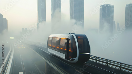 The future of sustainable urban mobility in a smog filled metropolis An eco conscious public transport system glides through the hazy skyline