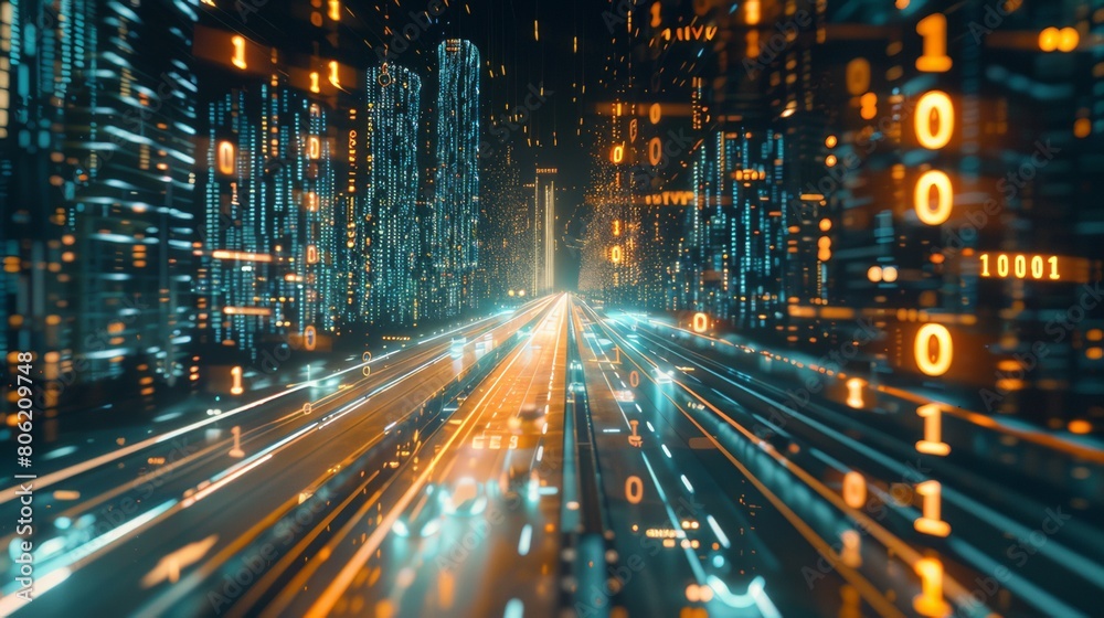 Binary data city. 3D rendering of an abstract track through digital binary towers in the city. Big data concept, machine learning, artificial intelligence, hyperloop, virtual reality.