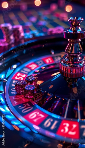 A neonlit modern casino setting, players around a Russian roulette table with digital money chips displayed photo