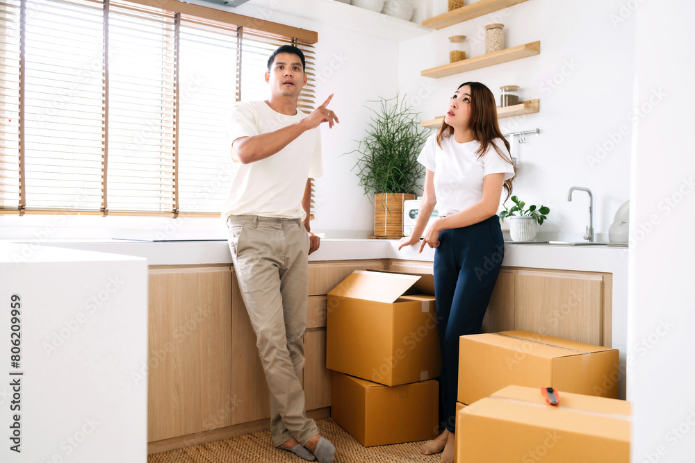 boss wife ordering husband decorating kitchen in new house. bossy wife pointing ordering husband to unpack items in the box. lover decorating new kitchen with packaging in box with husband do work boss wife ordering husband decorating kitchen in new house. bossy wife pointing ordering husband to unpack items in the box. lover decorating new kitchen with packaging in box with husband do work