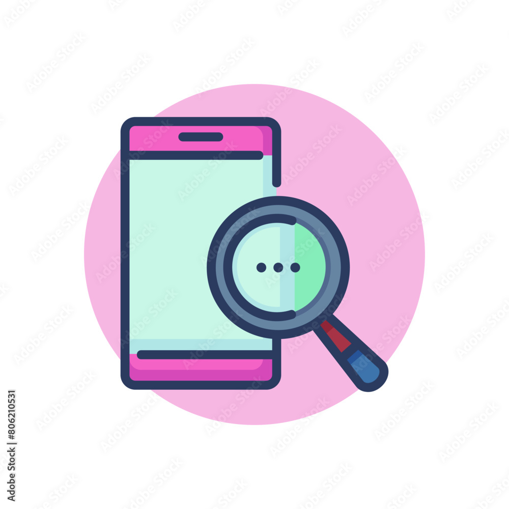 Smartphone with magnifier glass line icon. Search, internet, browsing outline sign. Phone repair, service, breakdown concept. Vector illustration, symbol element for web design and apps
