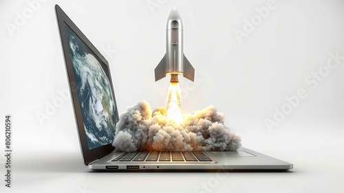 Innovative technology launch visualized through a rocket blasting off from a laptop, symbolizing high-speed internet and explosive growth photo