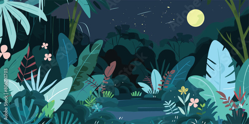 Cartoon Vector Illustration of Dark Tropical Forest