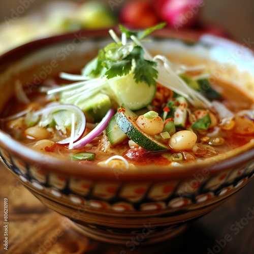 Un plato de pozole mexicano, muy bien condimentado