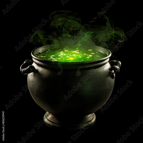 Cauldron with green magic boiling potion toxic poison soup , isolated on black background