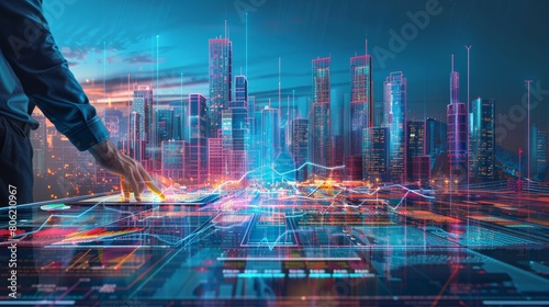A businessman manipulates virtual cityscape models over a futuristic interface with a city skyline backdrop photo