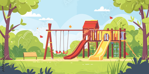 Cartoon Kids Playground with Slides, Swings, and Sandbox