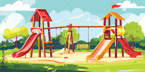 Cartoon Kids Playground with Slides, Swings, and Sandbox