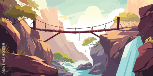 Mountain Peak Adventure, Cartoon Log Bridge Overlooking Waterfall