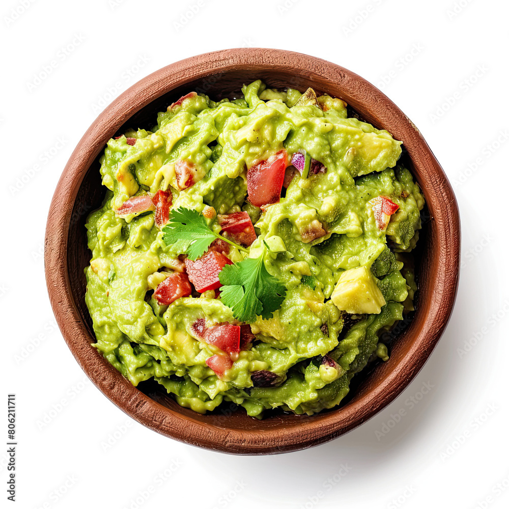 Top view Bowl of guacamole on white background Top view Bowl of guacamole on white background