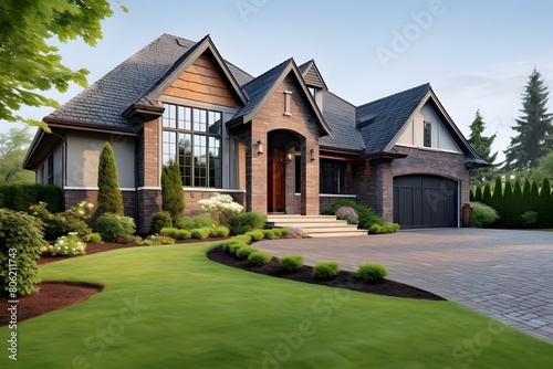 3d rendering of modern cozy clinker house on the ponds with garage and pool for sale or rent with beautiful landscaping on background. Clear summer night with many stars on the sky.
 photo