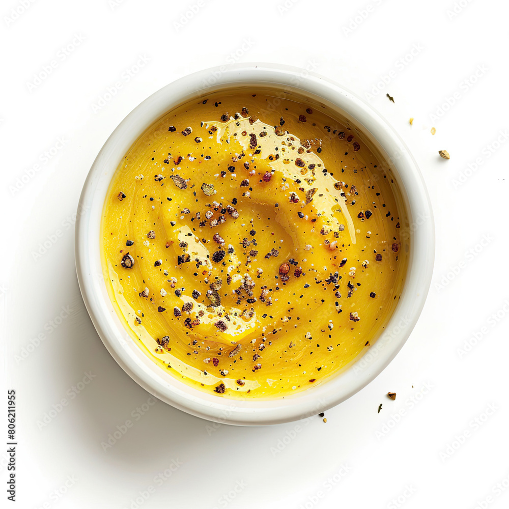 Top view of Mustard in white bowl isolated on white background Top view of Mustard in white bowl isolated on white background