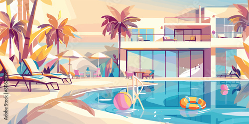 Extravagant Resort Poolside Escape, Vector Cartoon Illustration of Tropical Oasis