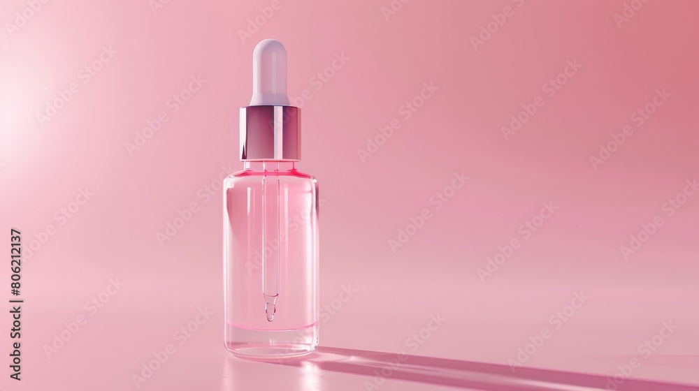 A dropper bottle containing a pink liquid on a pink background. A dropper bottle containing a pink liquid on a pink background.