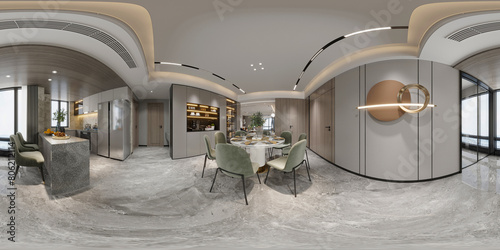 360 degrees luxury home living room dining space, 3d render