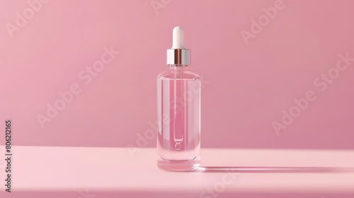 A transparent bottle of liquid with a silver dropper cap is sitting on a pink surface against a pink background.